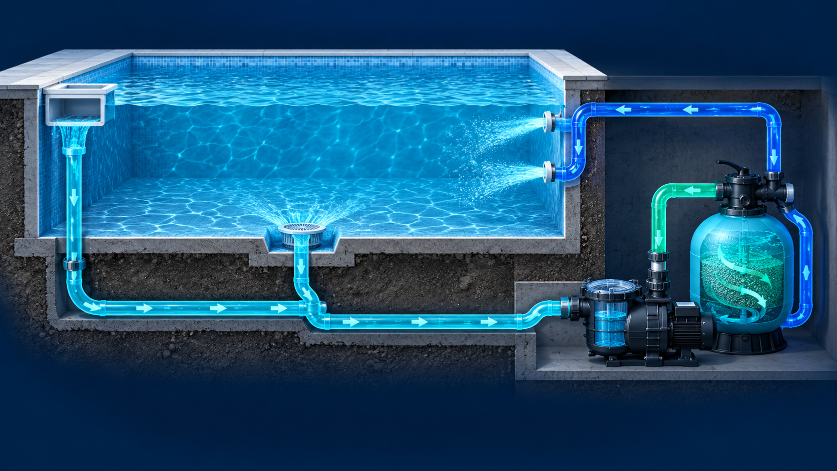 Fuga en tubería de piscina: identificar aspiración, impulsión y retorno Fuga en tubería de piscina: circuito completo de aspiración, impulsión y retorno