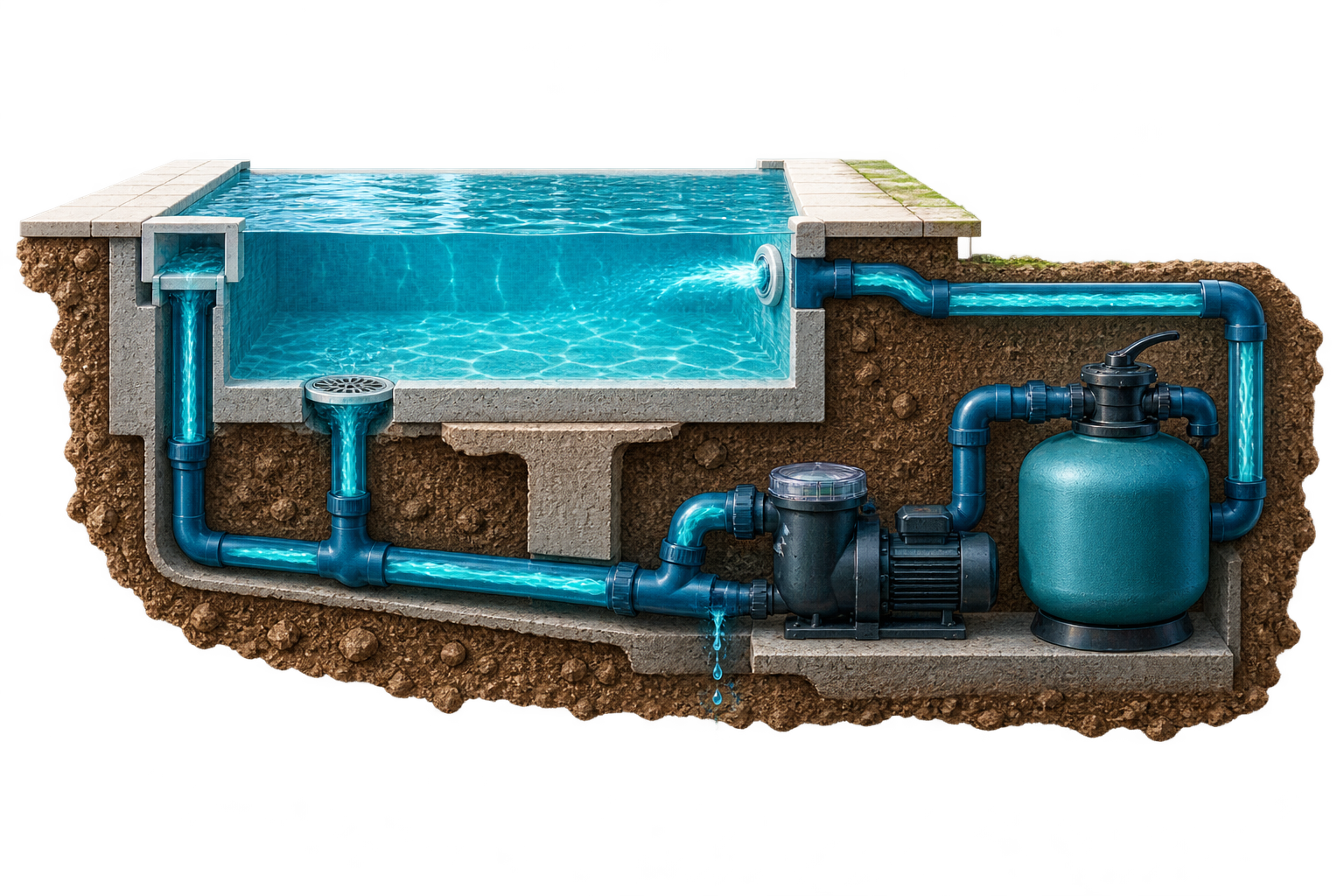 Piscina pierde agua cuando funciona la depuradora: circuito de bomba y filtro Esquema de piscina pierde agua cuando funciona la depuradora: circuito con bomba y filtro