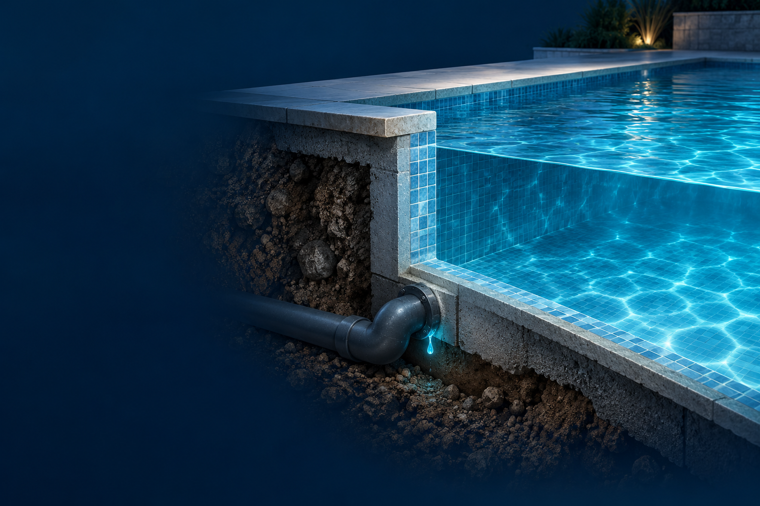 Mi piscina pierde agua y no sé por dónde: esquema del vaso y la conducción Infografía sobre mi piscina pierde agua y no sé por dónde: corte de piscina y conducción a revisar
